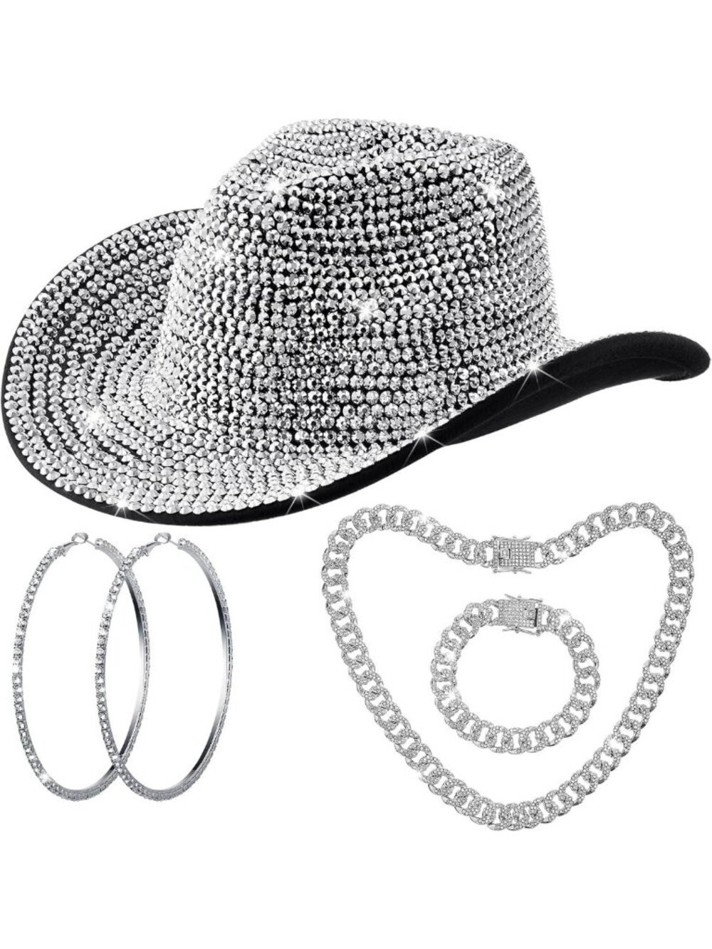 Sparkly Rhinestone Cowgirl Hat & Cowboy Outfit Set for Women - Western Style
